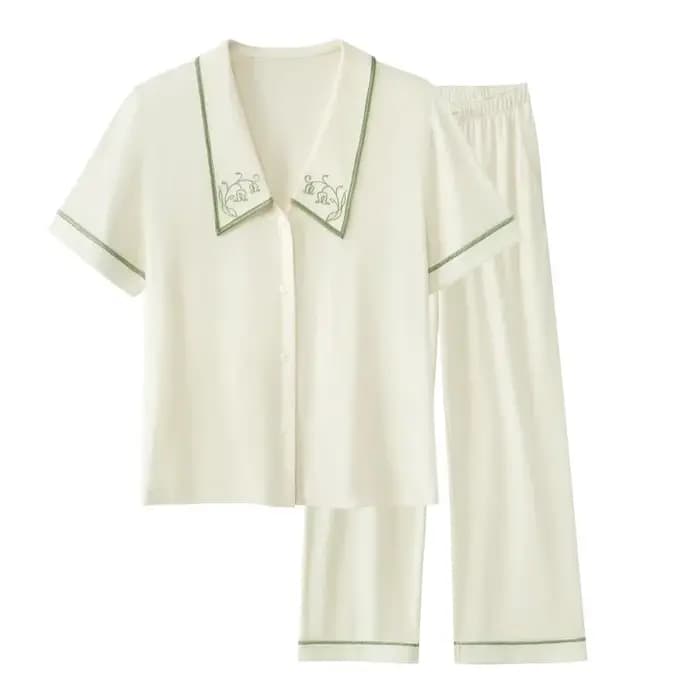 SUJIIN femmes Modal pyjama ensembles été à manches courtes Pjs confort pantalon vêtements de nuit brodé ensemble