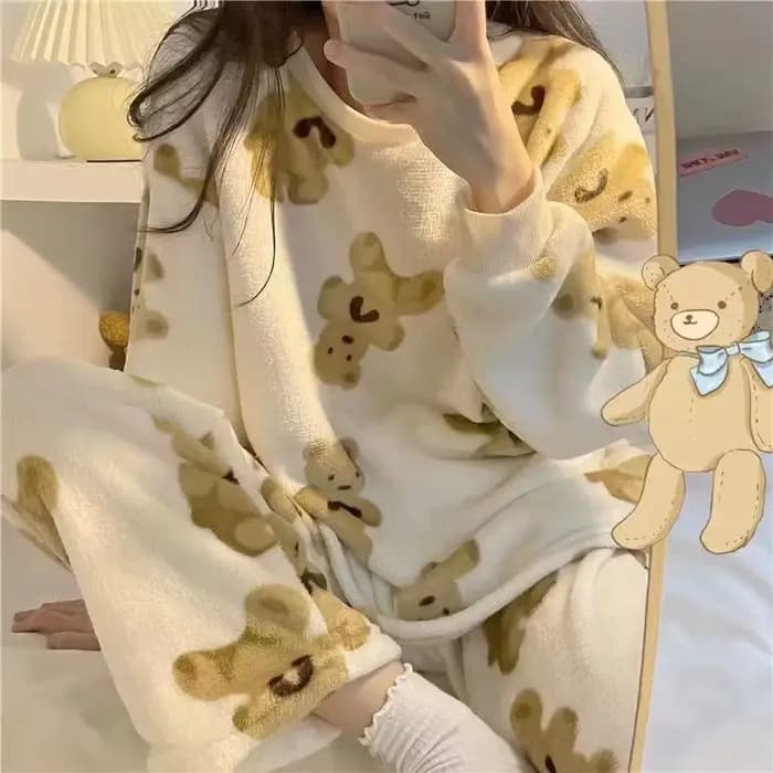 Ensemble de pyjama en flanelle pour femmes, automne et hiver, pantalon à manches longues avec doublure en polaire, vêtements de maison chauds, amples et doux.