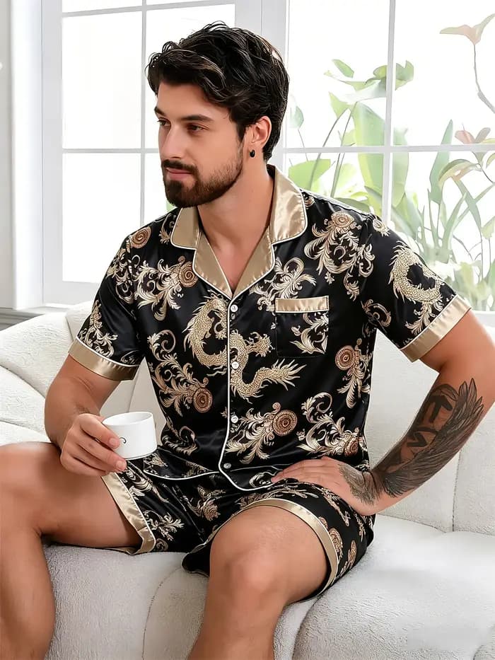 Ensemble de pyjama en satin pour homme, imprimé cachemire, manches courtes, boutonné, vêtements de détente, vêtements de nuit avec short, vêtements de nuit doux et soyeux pour homme