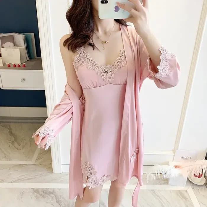 Nuisette et peignoir kimono sexy en satin pour femme, tenue de nuit longue, bretelles spaghetti, sty