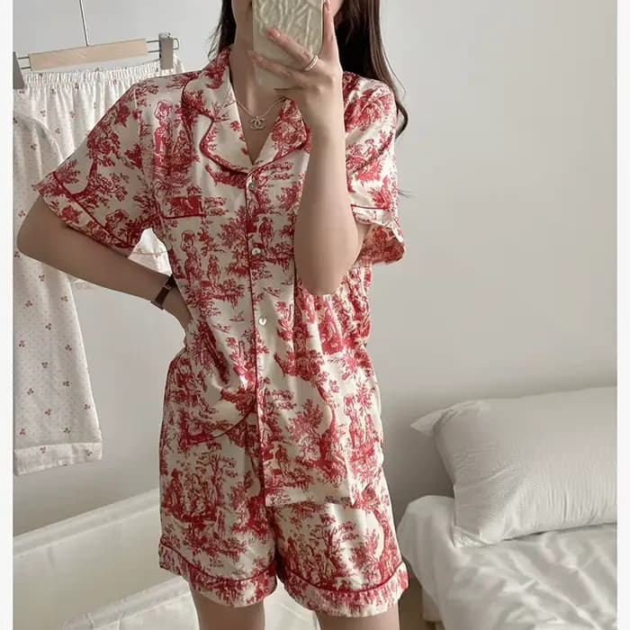 Été femmes à manches courtes Pyjamas ensemble Shorts vêtements de détente Sexy imprimé Satin