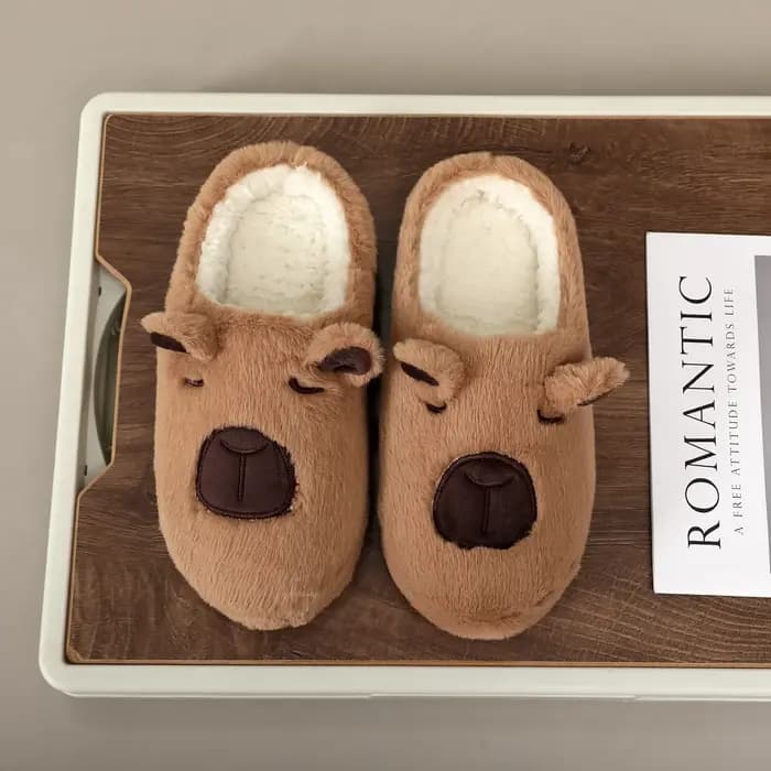 Une paire de pantoufles d'intérieur en fourrure à motif animal capybara marron