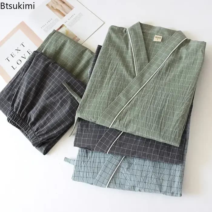Ensemble pyjama Kimono japonais pour hommes, confortable, 100% coton, à carreaux, ample, pour la maison, peignoirs, pantalons longs, deux pièces, 2026