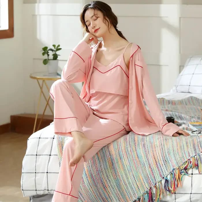 Fdfklak-Pyjama 3 Pièces en Coton pour Femme Enceinte