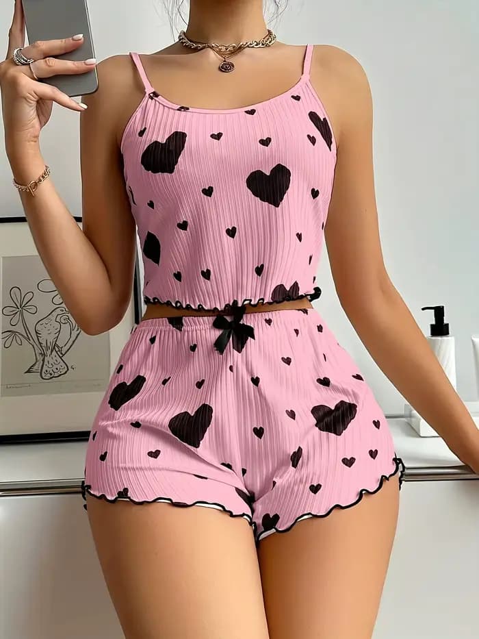 Ensemble pyjama 2 pièces imprimé cœur pour femme