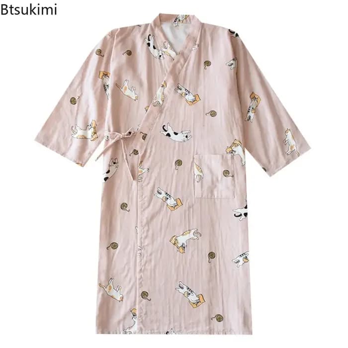 Robe de Nuit Femme 2026 100% Coton, Kimono à Manches Trois-Quarts, Pyjama Ample avec Imprimé Chat de Dessin Animé, Peignoir pour Couple