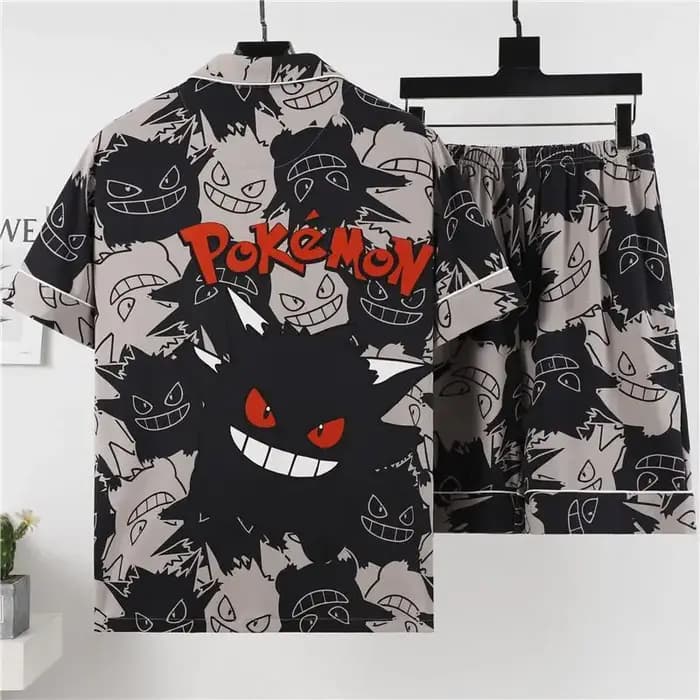 Ensemble pyjama 2 pièces pour homme Anime Gengar, chemise à manches courtes boutonnée à imprimé dessin animé + short, vêtements de détente doux, vêtements de nuit tendance pour l'été