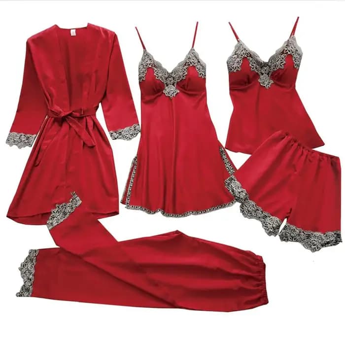 5 pièces femmes pyjama ensembles quatre saisons dentelle brodé soyeux vêtements de nuit pyjamas Homewear Satin chemise de nuit Robe vêtements de détente