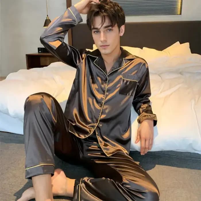 Hommes pyjamas ensemble hiver vêtements de nuit pour homme chemise à manches longues pyjama mâle soie Satin dormir