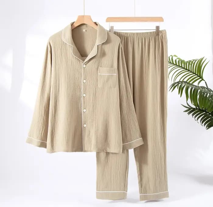 Ensemble de pyjama pour homme en gaze double couche 100% coton. Vêtements de détente classiques à manches longues