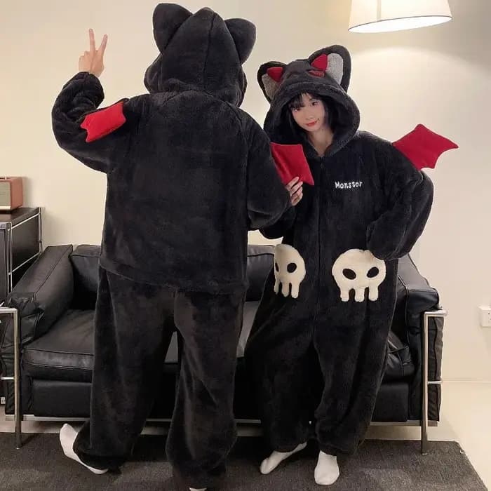 Dessin animé diable pyjamas Couples femmes hommes Onesie vêtements de nuit hiver épaissir à capuche