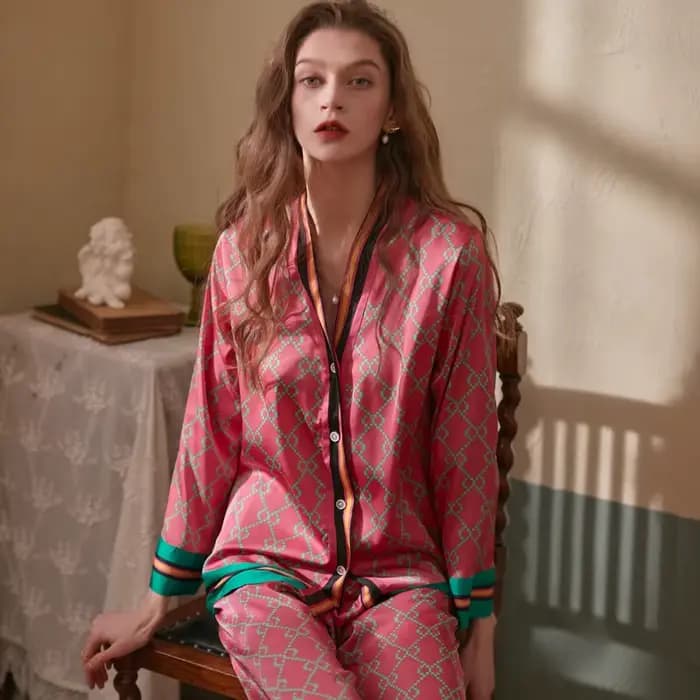Lisacmvpnel 2022 printemps nouveau Style à manches longues femmes pyjamas ensemble glace soie imprim