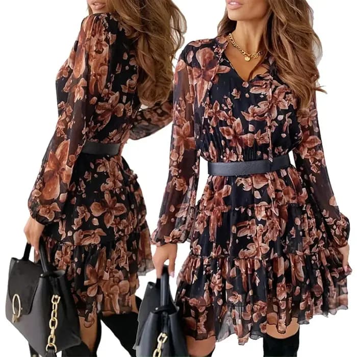 Robe plissée à imprimé Floral pour femmes, col en v, manches longues, à volants, ligne a, robe enveloppée, printemps été, vacances, robes de plage, Streetwear