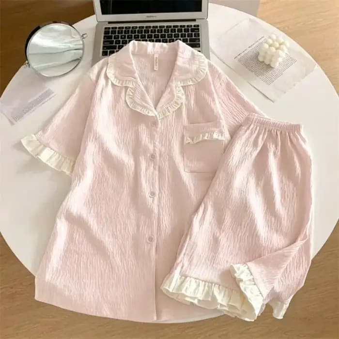 Ensemble de pyjama à volants pour femme, doux, nouvelle collection été 2026, vêtements de nuit unis, simples, à manches courtes, 2 pièces, tenue décontractée coréenne, douce tenue de nuit