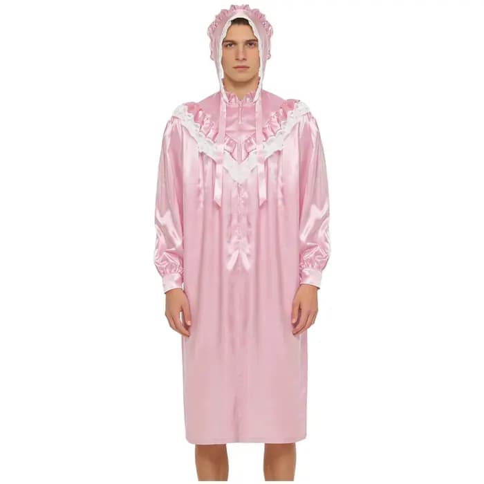Pyjama victorien pour hommes, ensemble chemise de nuit avec chapeau, à volants et bordure en dentelle, manches longues, fermeture éclair sur le devant, robe de nuit satinée