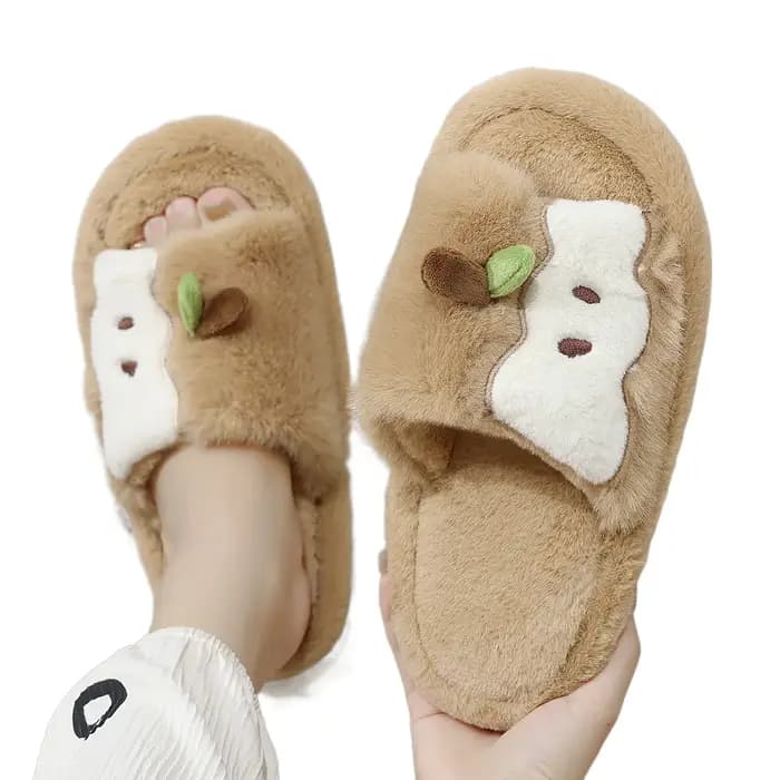 Nouveau mignon pomme femmes pantoufles hiver dessin animé en peluche chaud épais chaussures de sol fond souple maison chaussures antidérapantes homme famille tongs