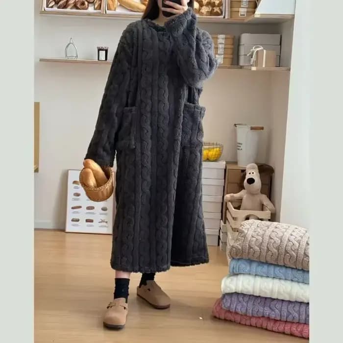 Hiver à manches longues Double poche flanelle chemises de nuit femmes ample solide vêtements
