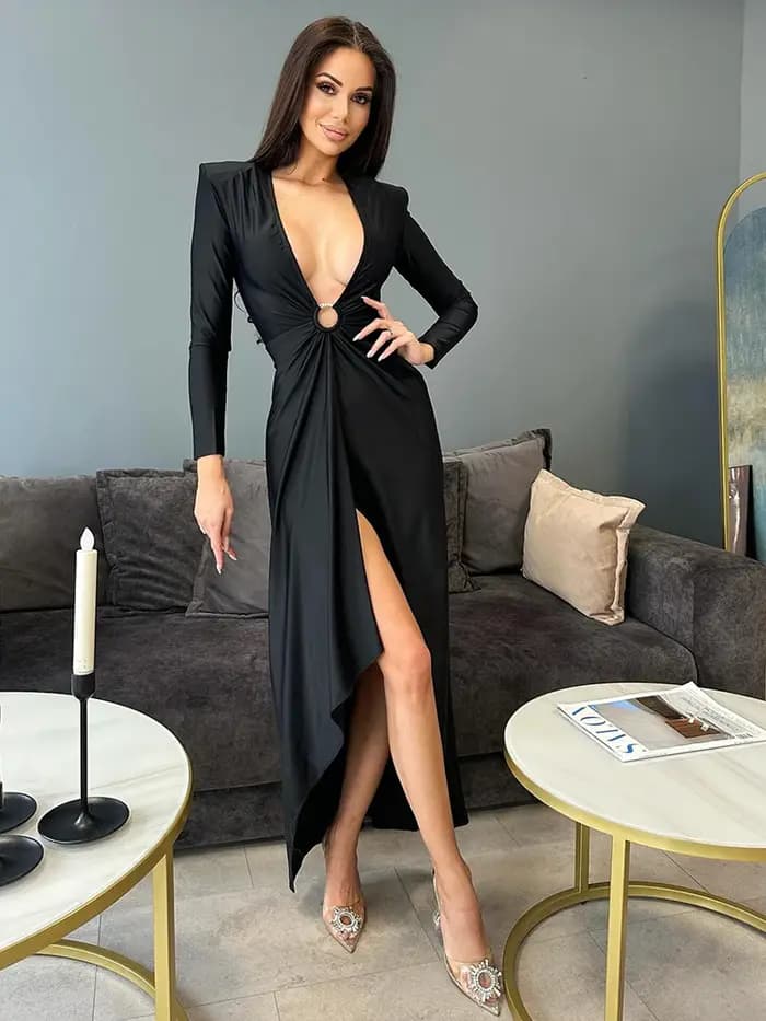 Robe longue fendue à col en V profond pour femme