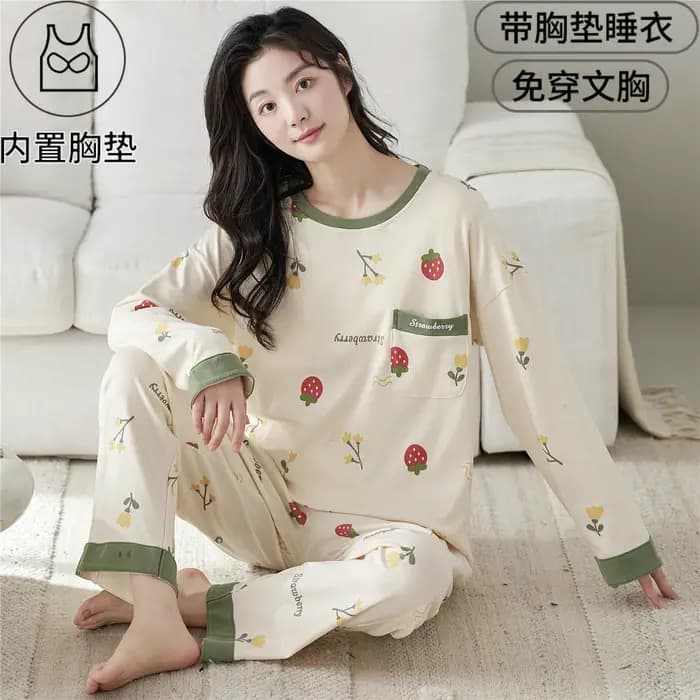 2024 Nouveau pyjama femme avec coussin de soutien-gorge printemps et automne coton Ins manches longues