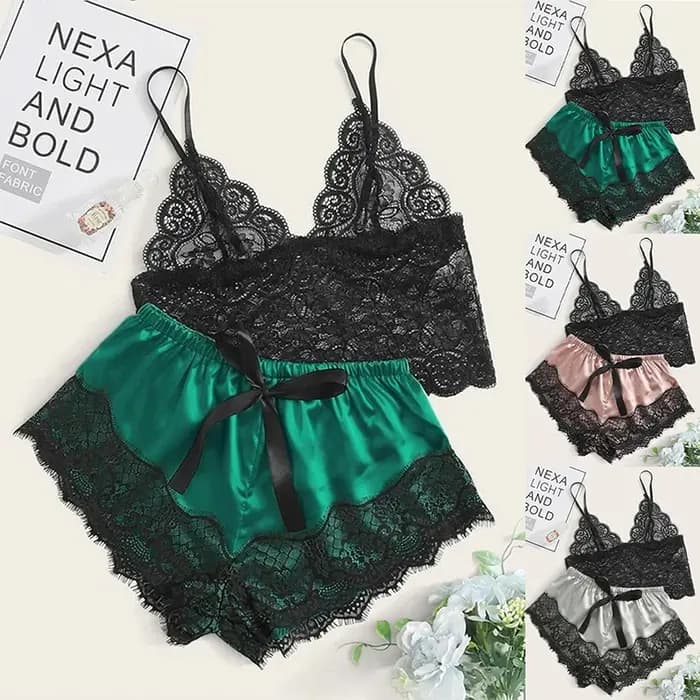 1 ensemble de pyjamas femmes déshabillé en dentelle Lingerie hauts courts et shorts nuisette