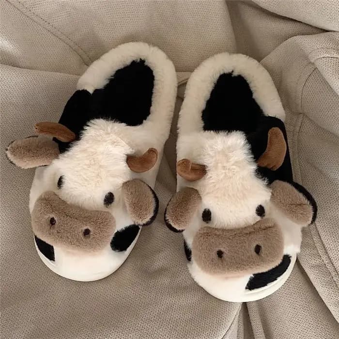 1 paire de pantoufles en forme de vache Kawaii antidérapantes