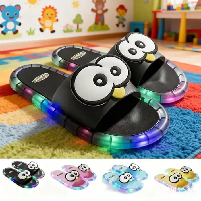 Pantoufles lumineuses à large bande pour femmes, avec grande décoration en forme d'œil, adaptées à la tenue intérieure et extérieure, pour enfants et adultes