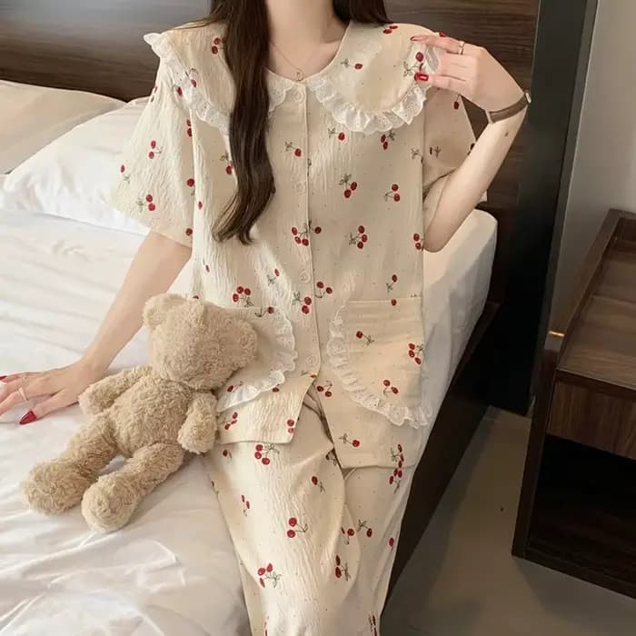 Ensemble de pyjama 2 pièces pour femmes à imprimé cerise pour l'été, vêtements de détente décontractés à manches courtes, vêtements de maison, mode coréenne, pyjama mignon et élégant