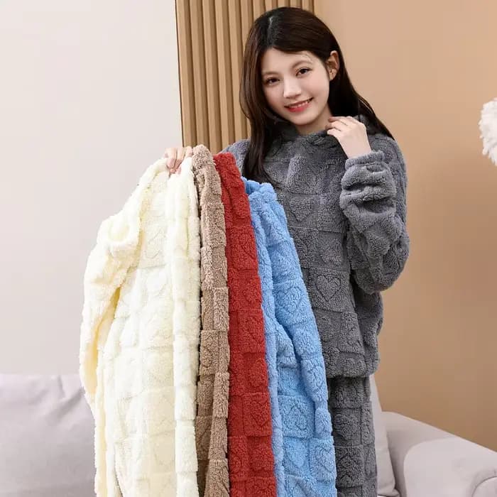 Ensemble de pyjama en polaire pour femme, vêtements de détente en polaire corail texturé à capuche, vêtements de nuit chauds en 2 pièces pour dames