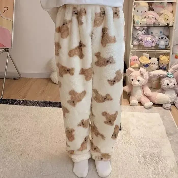 Dessin animé ours Teddy pyjamas pantalon moelleux femmes hiver chaud épais vêtements de nuit