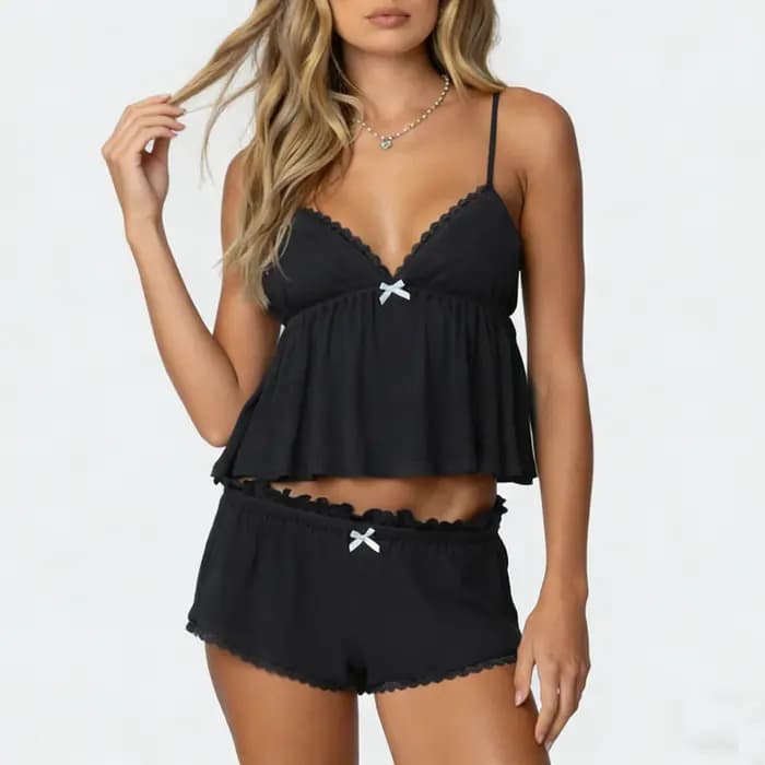 Gaono Ensemble pyjama d'été pour femme élégant avec bordure en dentelle brodée et short