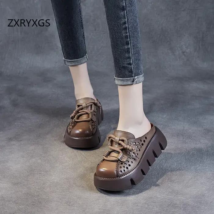 ZXRYXGS 2025 été Premium en cuir véritable creux bout rond extérieur pantoufle femmes sandales plate-forme hauteur augmenter pantoufles