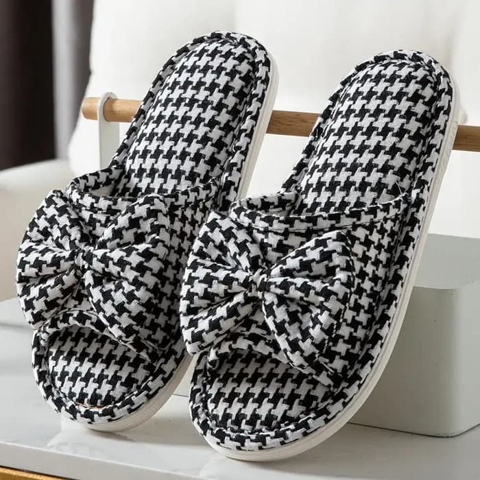 Pantoufles plates pour femmes en chanvre à carreaux