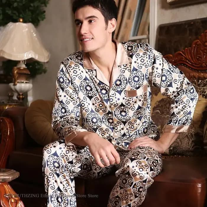 Printemps automne nouveau mâle 2 pièces Pyjamas ensemble vêtements de nuit imprimé à manches longues pantalon Pijamas