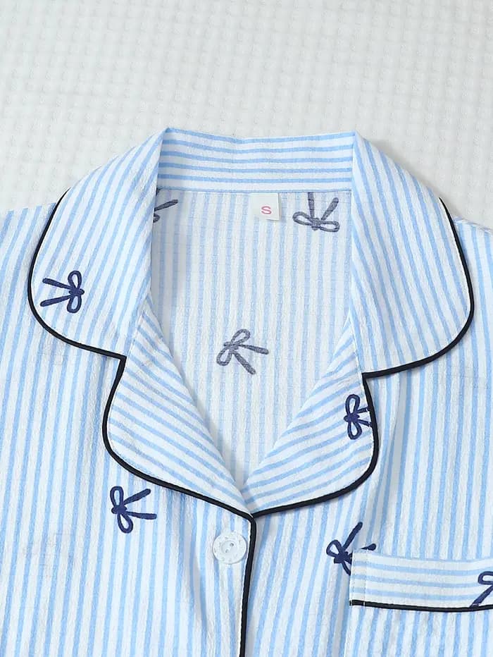 Ensemble pyjama imprimé nœud rayé bleu et blanc pour femme