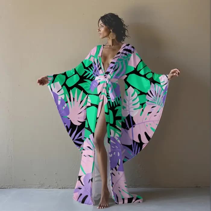 Peignoir Kimono Sexy imprimé feuilles tropicales pour femmes
