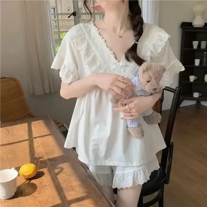 M-5XL pyjama ensembles femmes princesse adt maison à manches courtes doux volants style coréen solide mode été décontracté chic vêtements de nuit