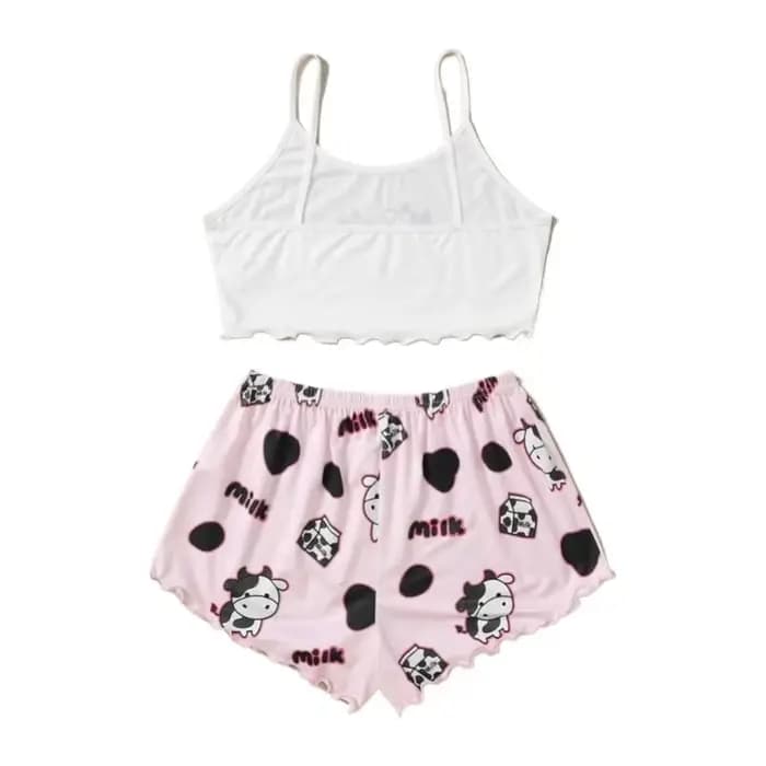 Mignon vache imprimé haut sans manches et short vêtements de nuit pour femmes 2 pièces pyjamas ensemble décontracté