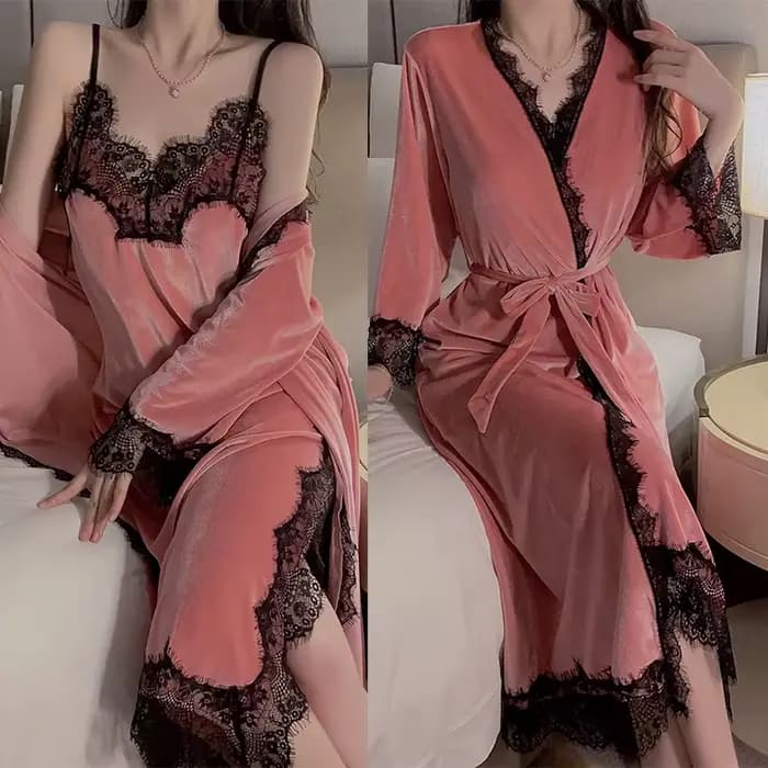 Femmes chaud velours Homewear rose peignoir ensemble Cami vêtements de nuit hiver Robe costume
