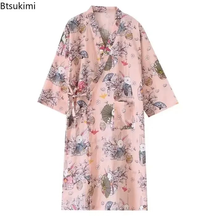 Style japonais Kimono pyjama Robes femmes été mince coton gaze col en v Simple chemise de nuit ample dames salon à lacets peignoir