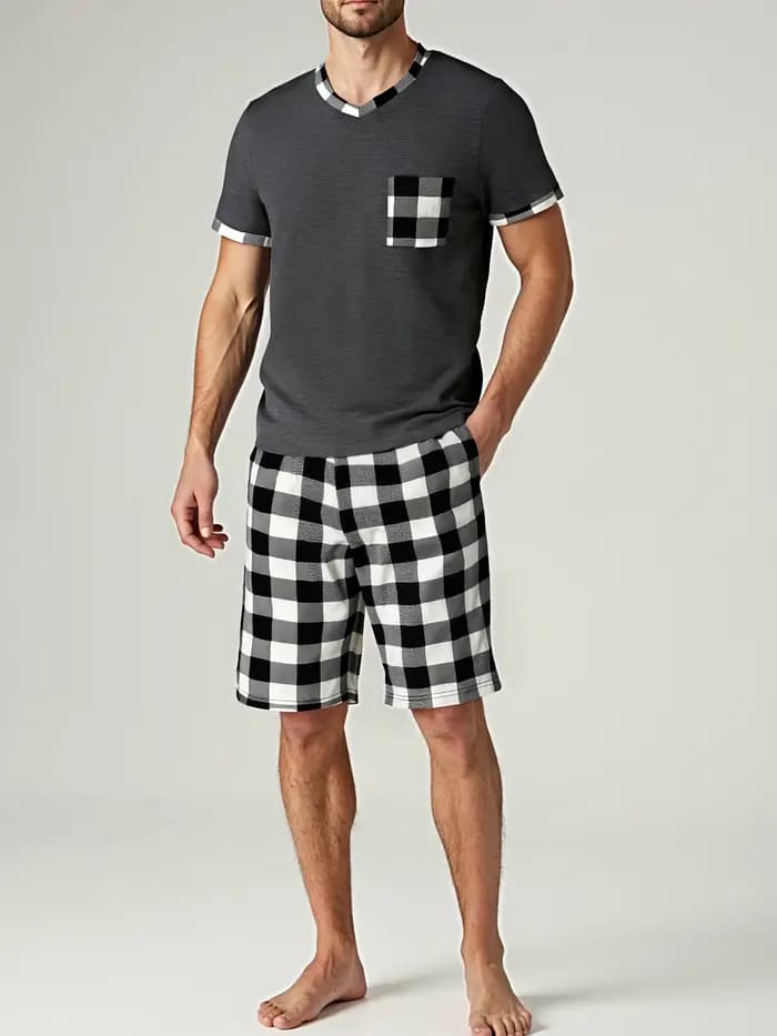 Ensembles de pyjama pour hommes pyjamas à carreaux à manches courtes pour hommes ensemble de pyjama