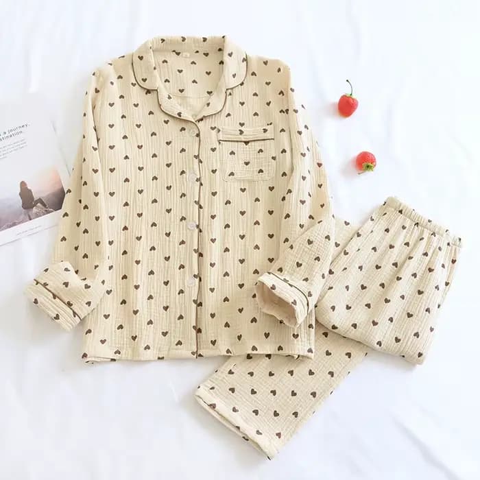 Femmes Pyjamas 2 pièces ensemble 100% coton gaze à manches longues pantalon mignon ours imprimé Pyja