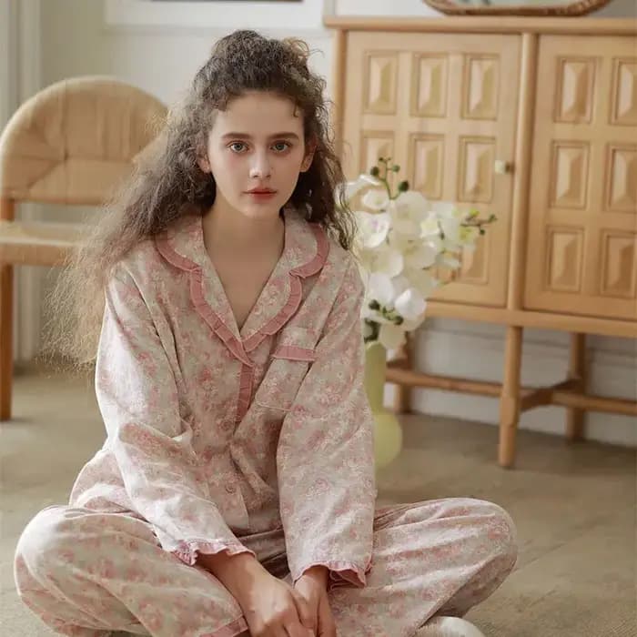 Cottagecore ensemble pyjama à fleurs pour femmes Vintage garniture à volants 100% coton doux à manches longues vêtements de nuit romantique douce princesse