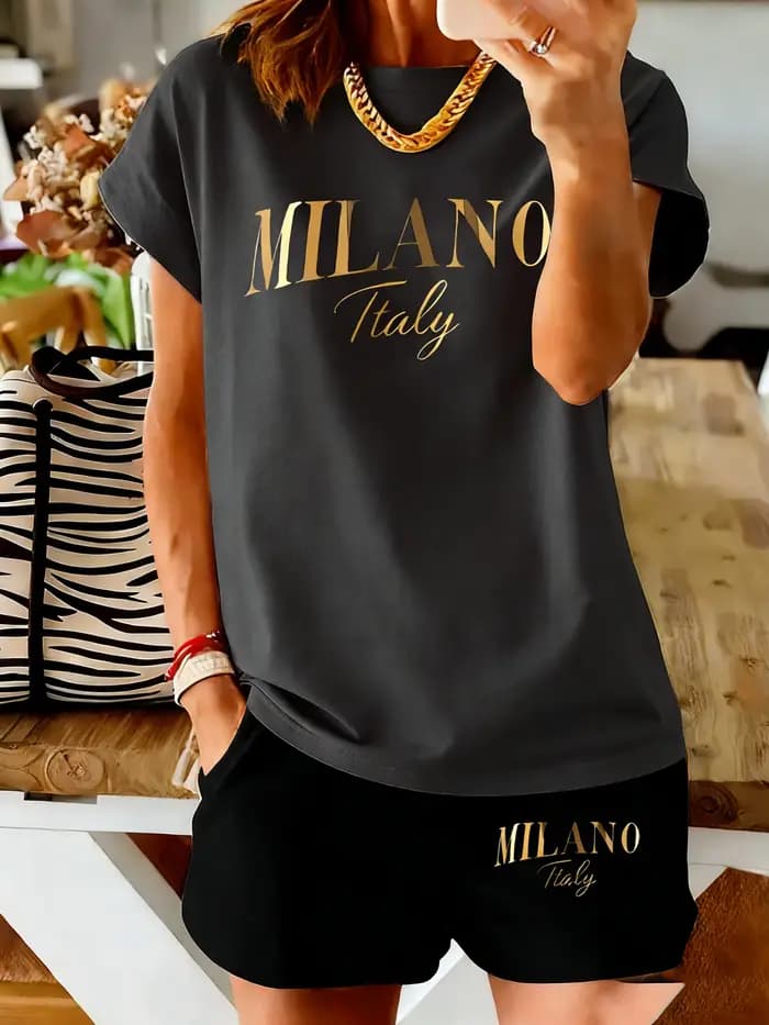 Ensemble femme Milan à imprimé lettres - Manches courtes et short - Tendance mode féminine décontractée et confortable