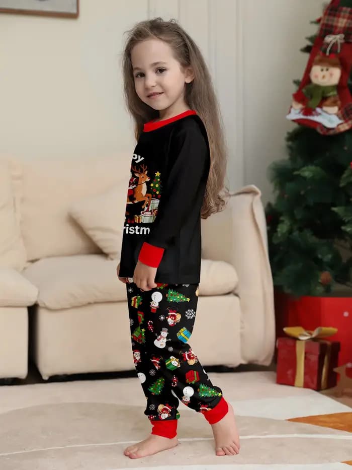 Ensemble de pyjamas assortis à imprimé mignon pour Noël, pour adultes et enfants, 2 pièces, t-shirt à manches longues + pantalon, vêtements de maison, tenue de fête de Noël, pyjamas