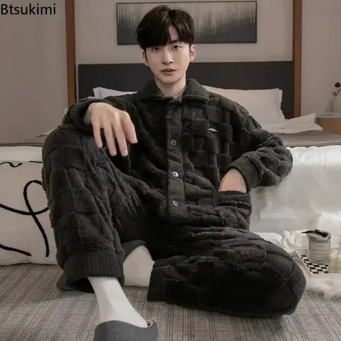 Ensemble de pyjama homme 2026 – Nouveauté mode en flanelle épaisse à manches longues, deux pièces pour la maison, tenue de détente chaude en velours corail