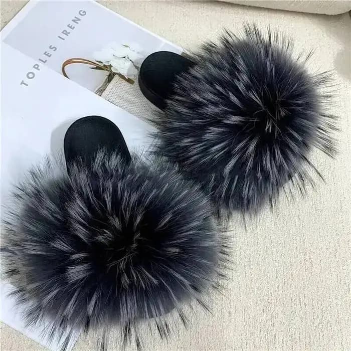 Pantoufles en fourrure de raton laveur naturelle pour femmes