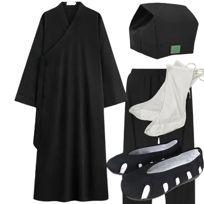 Ensemble de Robe Taoïste Traditionnelle Chinoise : Tunique Longue à Col Croisé avec Pantalon et Chapeau