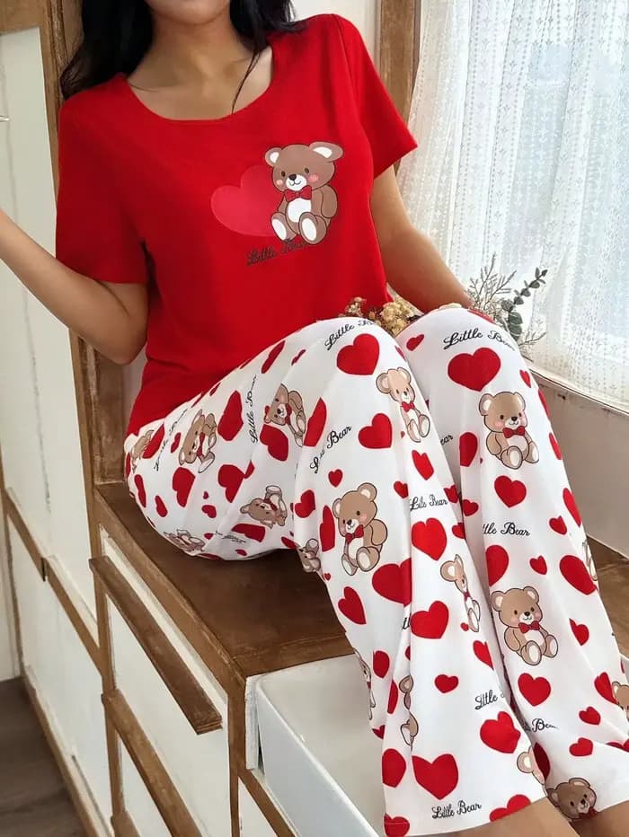 Pyjama Femme 2 Pièces Ensemble Manches Courtes Vêtements de Nuit Tenue d'Intérieur
