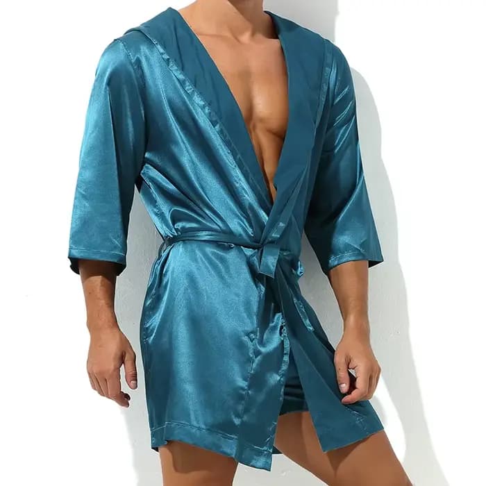 Vente chaude hommes été peignoir mâle soie à manches courtes Robe de bain Sexy