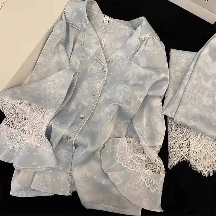 Soie deux pièces dames ensemble Pijama automne Floral à manches longues boutonné haut et pantalon vêtements de nuit